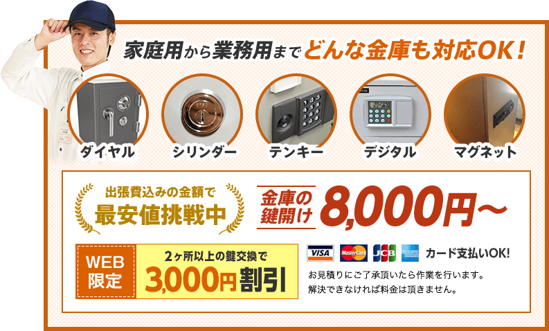 家庭用から業務用までどんな金庫も対応OK!金庫の鍵開け8,000円から。WEB限定割引もあります