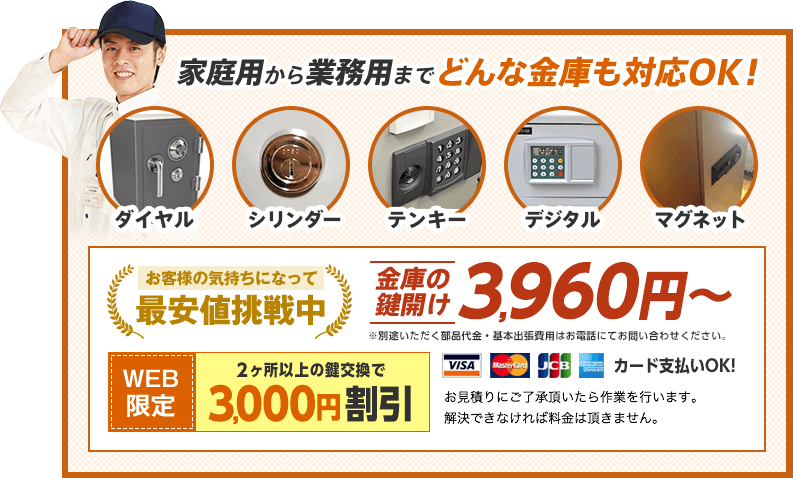家庭用から業務用までどんな金庫も対応OK!金庫の鍵開け3,960円から。WEB限定割引もあります