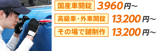 国産車解錠8000円〜、高級車・外車開錠15000円〜、その場で鍵制作15000円〜